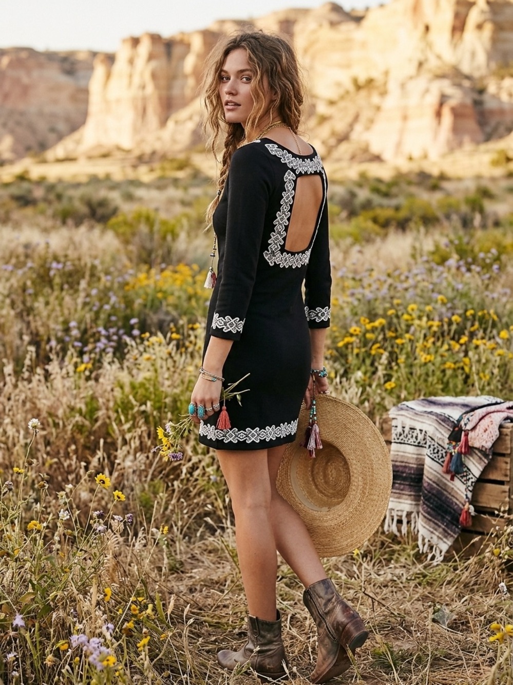 Free People Black Mini Dress with White Embroidered Trim size XS